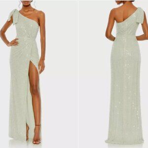 MAC DUGGAL 93735 PEARL EMBELLISHED SOFT TIE ONE SHOULDER MINT GOWN sz 6